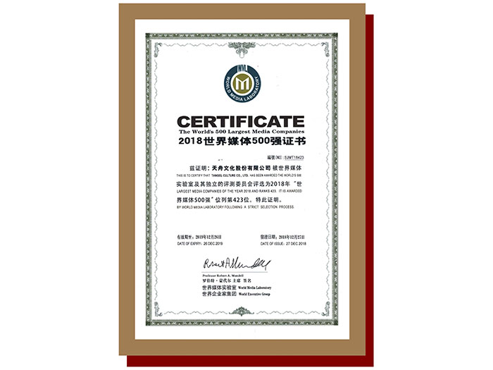2018世界媒体500强证书